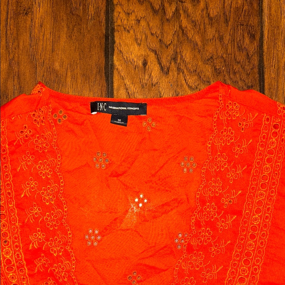 INC Bright Orange Eyelet Flutter Sleeve Women's Top - Picture 2 of 4